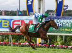 Jockey in green and blue silks atop a chestnut horse with green saddlecloth 1, racing on a turf track beside advertising banners and flowers.