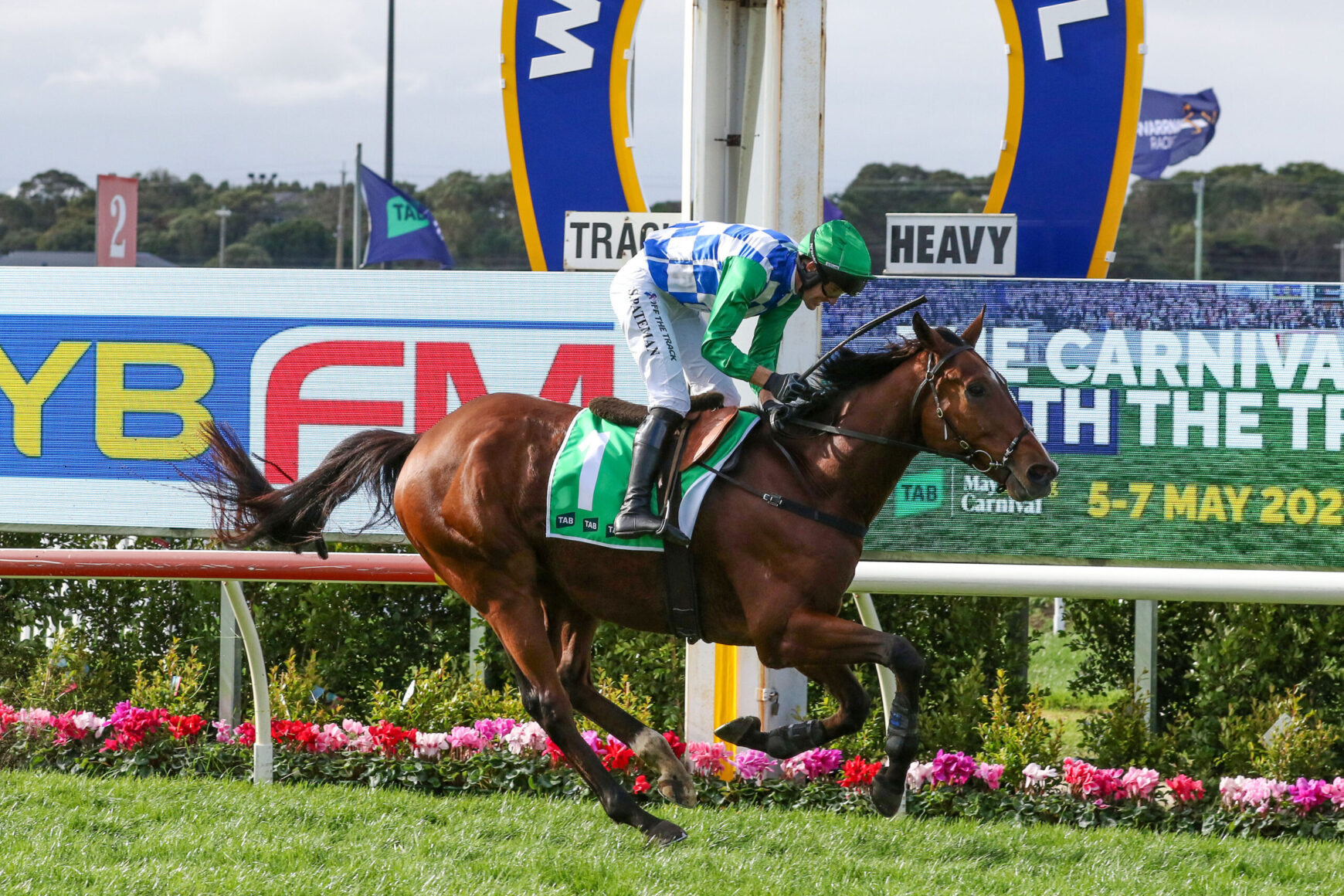 Jockey in green and blue silks atop a chestnut horse with green saddlecloth 1, racing on a turf track beside advertising banners and flowers.