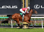 Brown horse and jockey in red-and-white silks leap over a hurdle during a race with large Lexus signage in the background