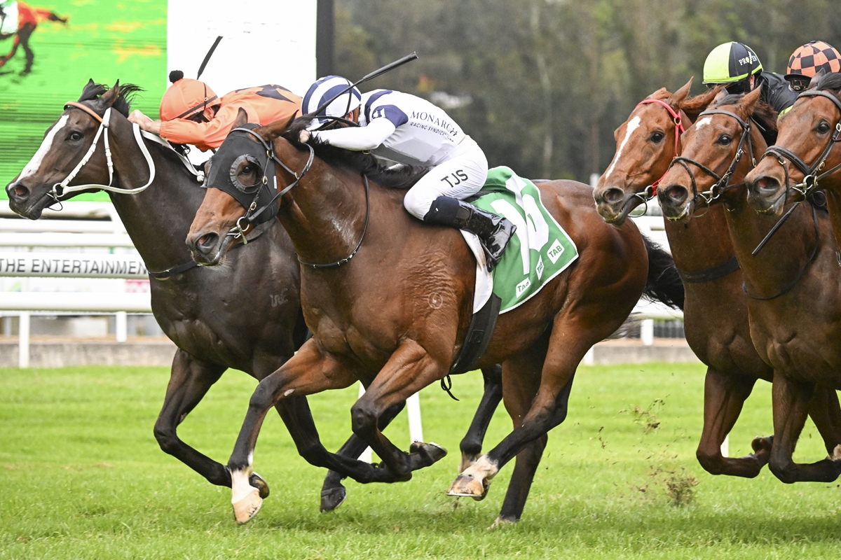 Horses race side by side on a track, jockeys in colorful silks battling for the lead during a crowded finish.