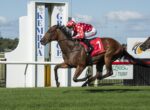 Brown thoroughbred and jockey in red polka-dot silks sprint on a green racecourse with sponsor signs in the background.