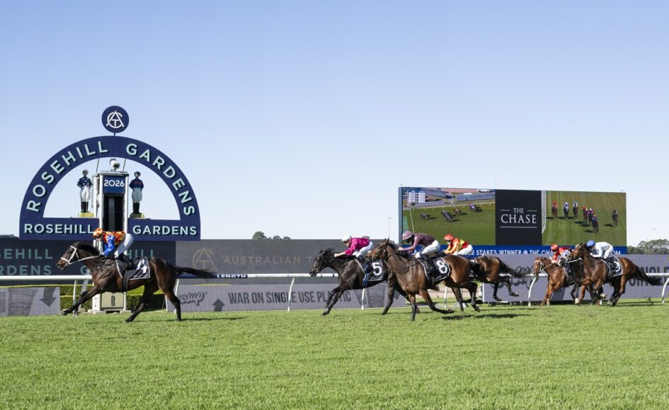 Horse race in progress at Rosehill Gardens, jockeys in colorful silks ride toward the right on a green track with a large Rosehill Gardens sign in the background.