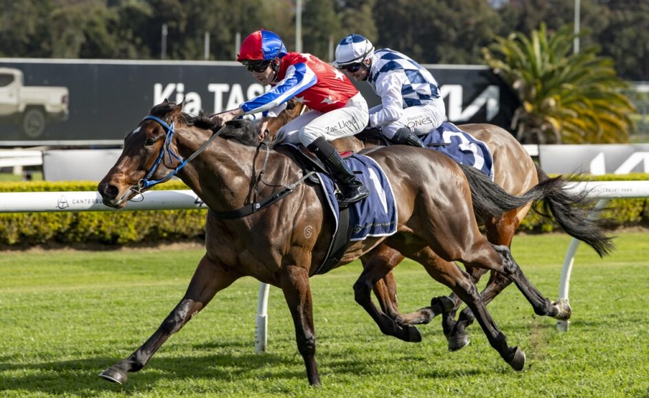 Two jockeys race side by side on galloping horses on a green racetrack with a white rail in the foreground, blurred stands in the background.