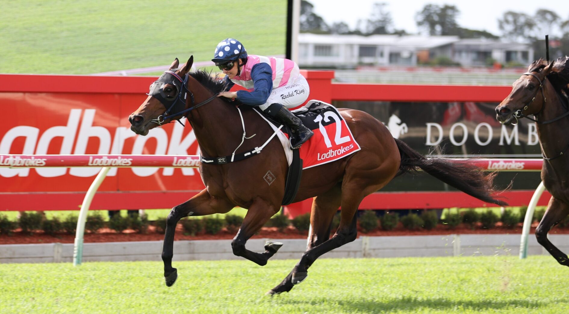 Jockey in pink-and-white silks rides a brown horse over a red fence during a race.