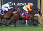 Two jockeys race side by side on galloping horses near a Lexus backdrop, white and orange silks flying as they battle for the lead at a Flemington track.