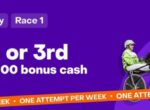 Penrith Thursday Race 1 banner: 'Run 2nd or 3rd' with 'Score up to $100 bonus cash' and a horse pulling a sulky on a purple background.