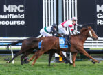 Two jockeys ride racing horses atCaulfield, with a dark banner reading 'MRC Caulfield Racecourse' in the background, number 5 on the lead horse's saddle cloth.