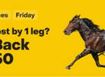 Bright yellow betting banner showing a harness racing horse and driver in a sulky on the right, with bold text: '3+ leg SRM lost by 1 leg? Bonus Back up to $50' and small tags reading 'Redcliffe', 'All Races', 'Friday'