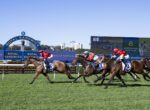 Horse race at Royal Randwick; lead horse ahead of pack on green turf with blue signage and a large screen in the background.
