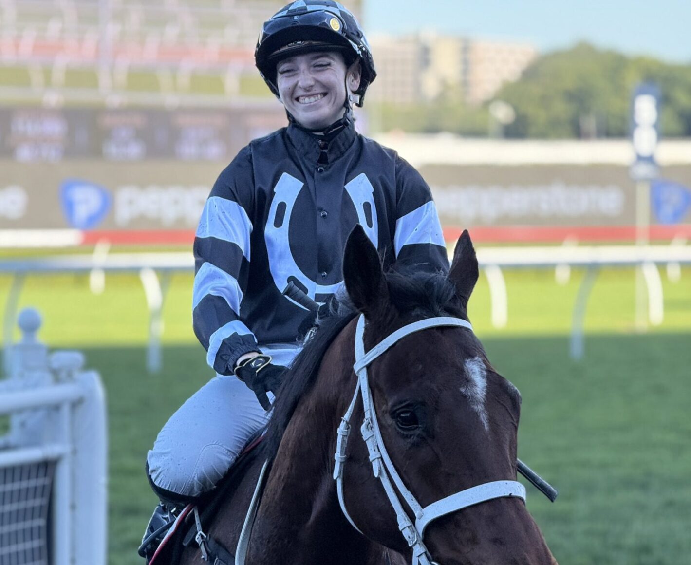 Smiling jockey in blue-and-black racing silks rides a dark horse on a racecourse side view.