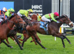 Group of jockeys in colorful silks riding thoroughbreds racing side by side on a grassy track, mid-sprint toward the finish.