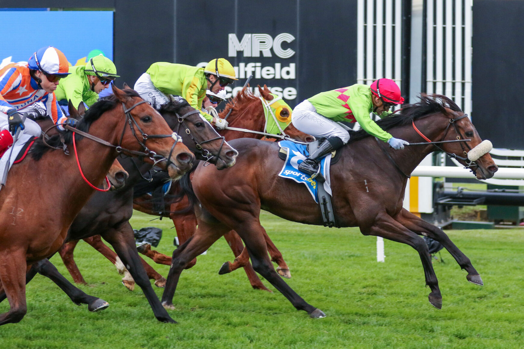 Jockeys in colorful silks ride racehorses racing at full gallop on a green turf track, close formation ahead of the finish.