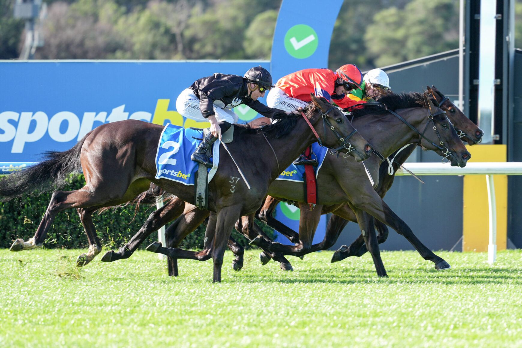 Four jockeys in colorful silks race neck-and-neck on galloping horses on a sunny turf track, with blue sponsor signage in the background.
