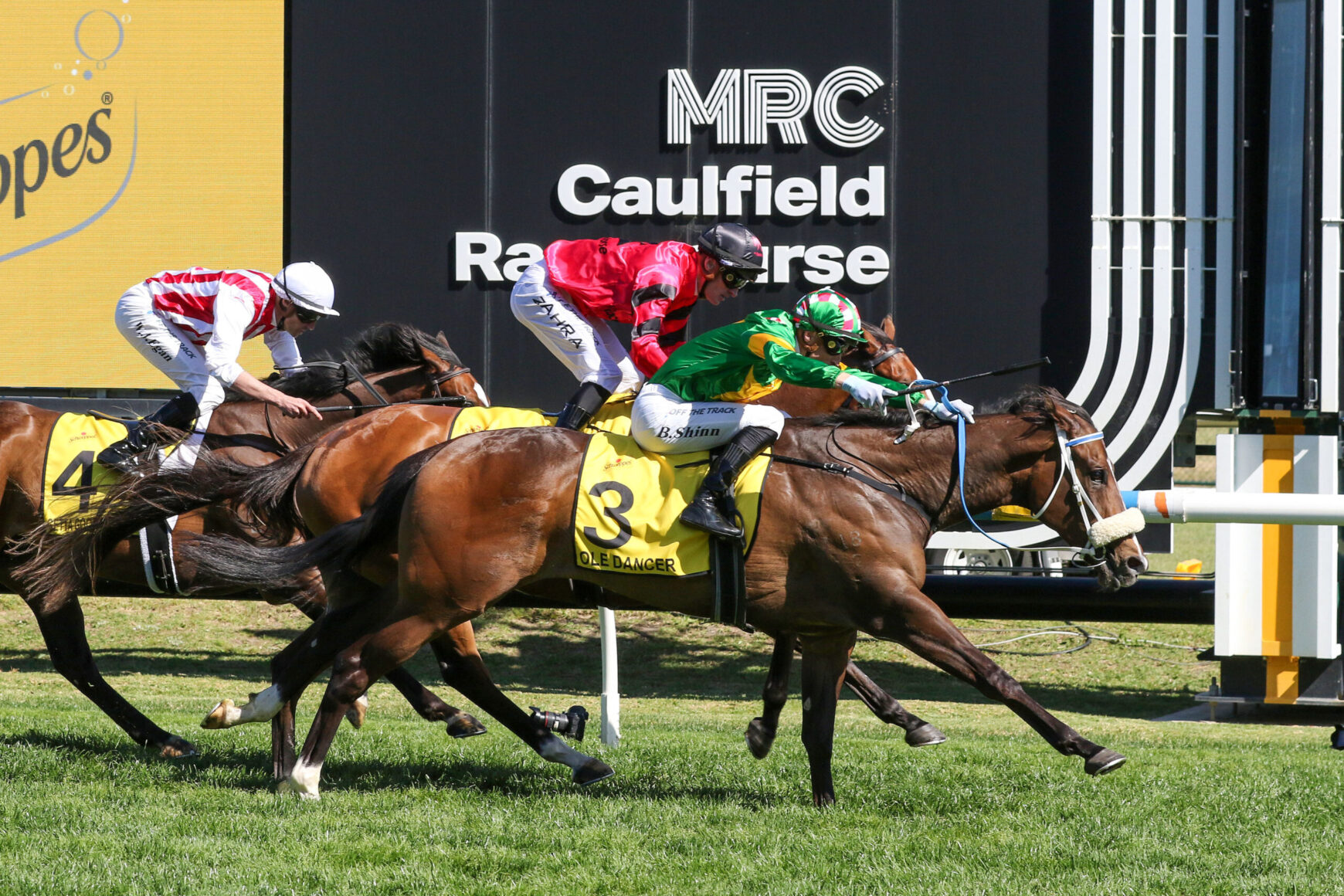 Finish-line action at Caulfield Racecourse with three jockeys in red, white, and green silks racing neck-and-neck toward the line.