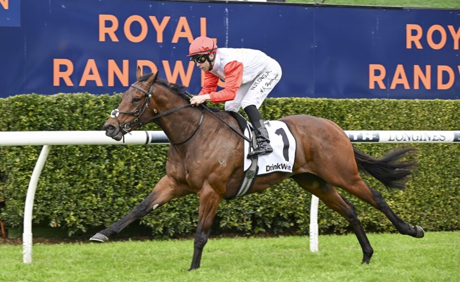 Jockey in red sleeves and pink helmet riding a brown racehorse (number 1) on a grassy race track, with Royal Randwick signage in the background.