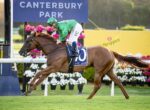 Chestnut racehorse with blue saddlecloth number 10, jockey in green silks, galloping at Canterbury Park.