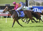A jockey in pink and yellow silks rides a brown horse, leading a race on a grassy track with other horses close behind.