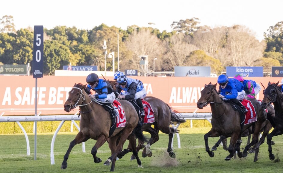 Horse race in progress with jockeys in colorful silks sprinting on a grassy track.