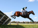 Horse and rider in mid-air clearing a wooden jump on a sunny day during show jumping competition