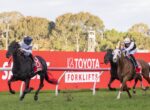 Two horses with jockeys race side by side on a turf track, red advertising boards in the background as they sprint toward the finish line.