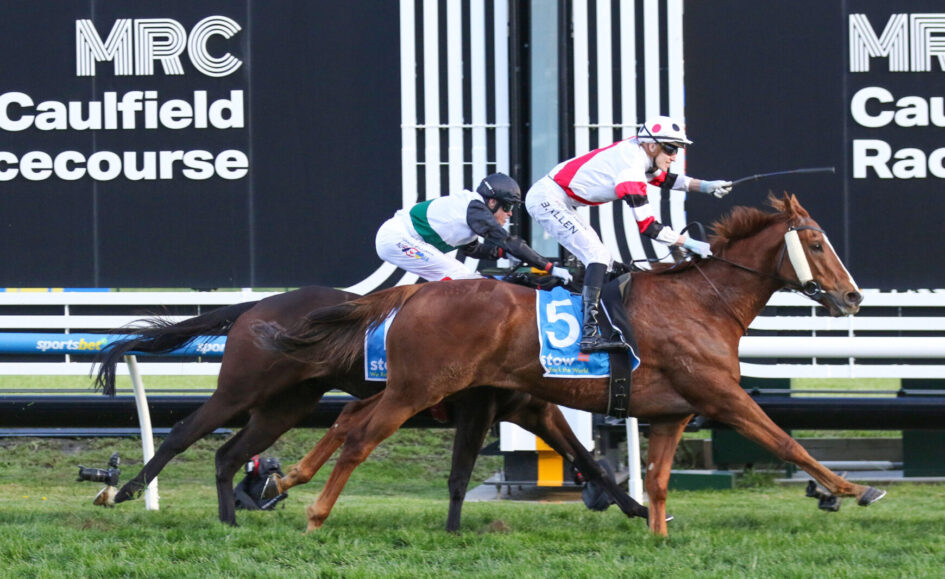 Two jockeys on racing horses sprint along the turf track with Caulfield racecourse signage in the background.