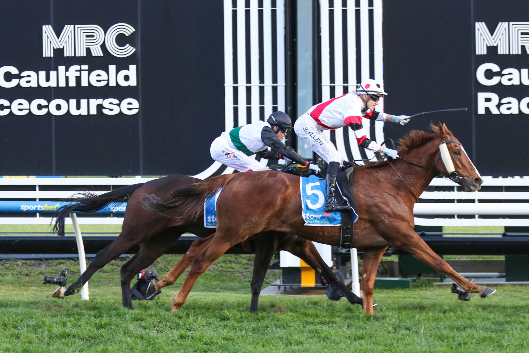 Two jockeys on racing horses sprint along the turf track with Caulfield racecourse signage in the background.