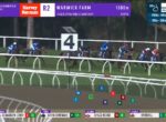 Horse race in progress at Warwick Farm; group of galloping horses on track near the white rail with a large '4' marker visible; betting overlays at bottom show odds and riders' colors.