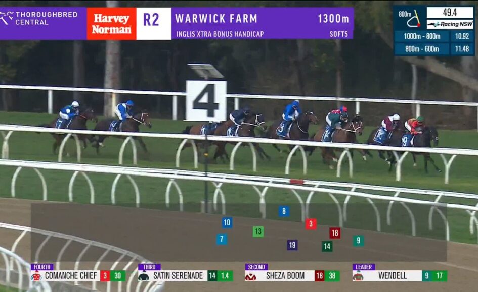 Horse race in progress at Warwick Farm; group of galloping horses on track near the white rail with a large '4' marker visible; betting overlays at bottom show odds and riders' colors.
