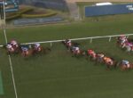 Group of galloping racehorses with jockeys in colorful silks racing along a green turf track near the rail.