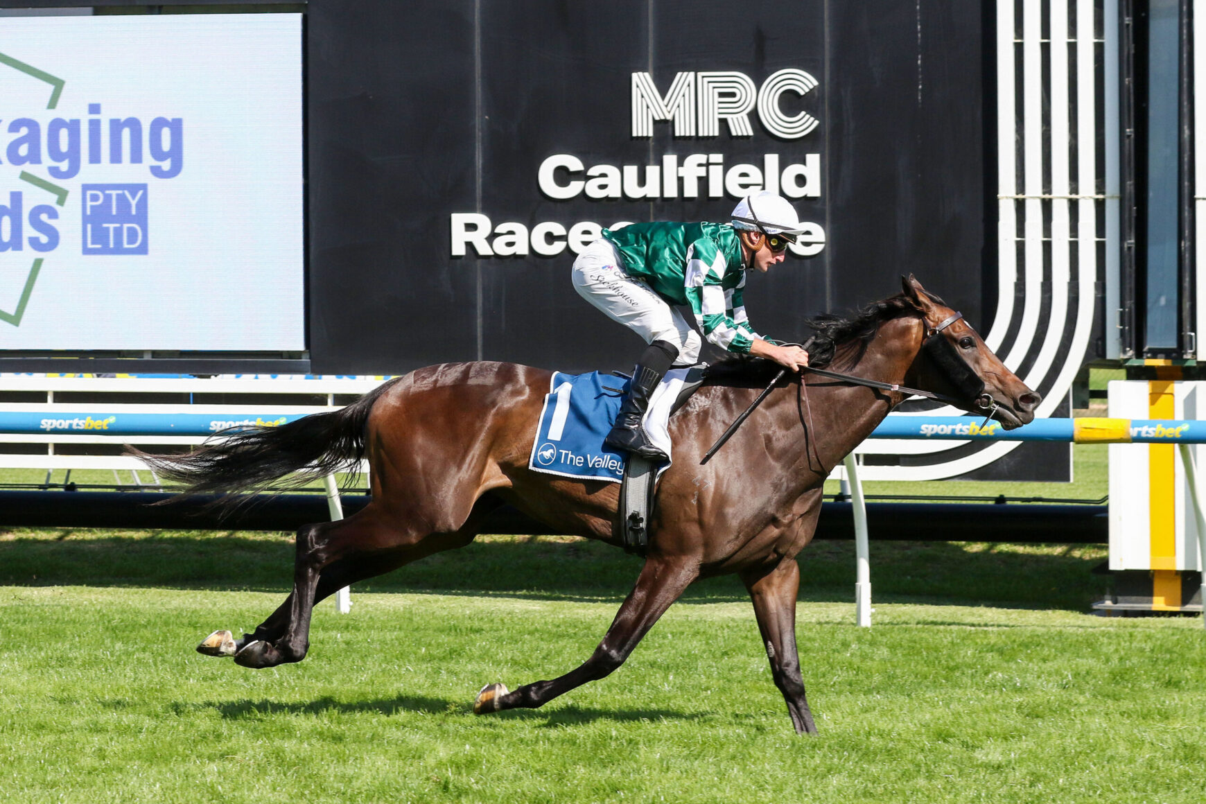 Jockey in green-and-white silks rides a dark brown racehorse at Caulfield Racecourse during a race in progress.