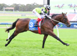 Horse race in progress: jockey leaning forward on a brown racehorse wearing blue bib number 3 and a neon green jacket, sprinting on a grass track with a blurred racetrack backdrop.