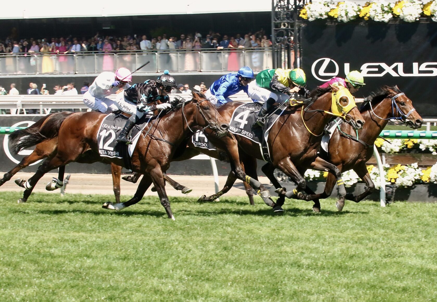 Group of thoroughbred horses race at full speed on a sunny turf track, jockeys in colorful silks leaning forward close behind the leading horse with number 12 saddle cloth visible.